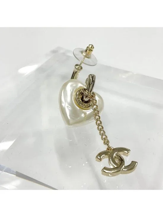 Chanel Earrings Hoop CC Logo Pearl Line Stone Gold - Picture 5 of 9